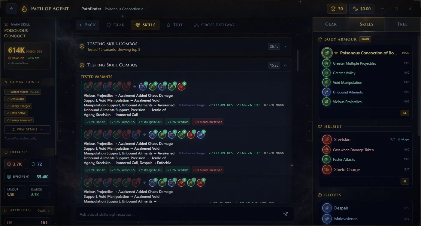 Skill analysis showing support gem comparisons and DPS impact